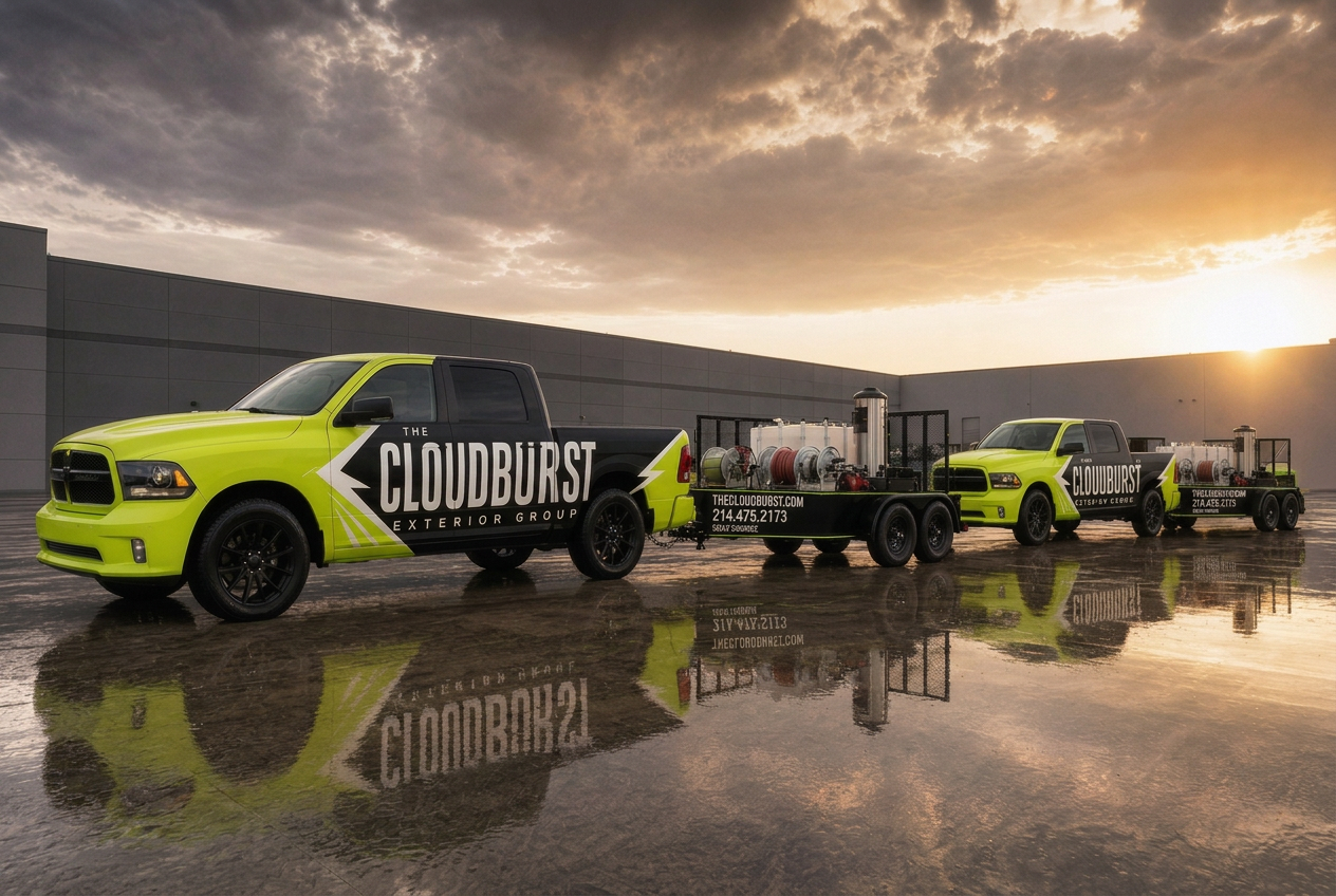 Two Cloudburst trucks with their hot water equipment trailers