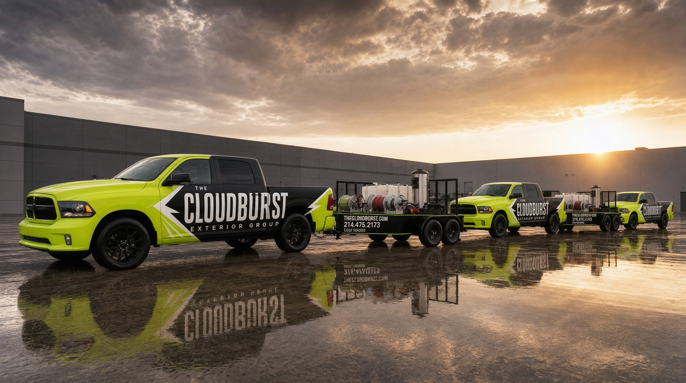 The Cloudburst trucks and trailers staged outside the shop at the end of the day